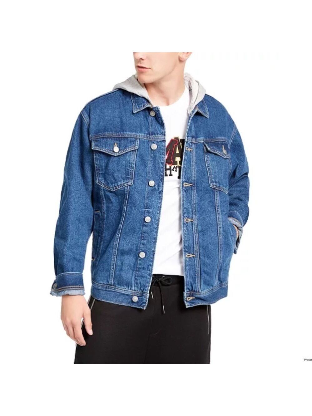 Armani Exchange Men's Denim Jacket with Removable Gray Fleece Hood Size M
